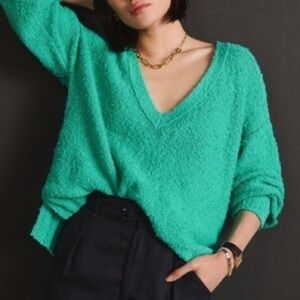 Anthropologie Pilcro Green Oversize V Neck Knit Cotton Textured Sweater Size Xs